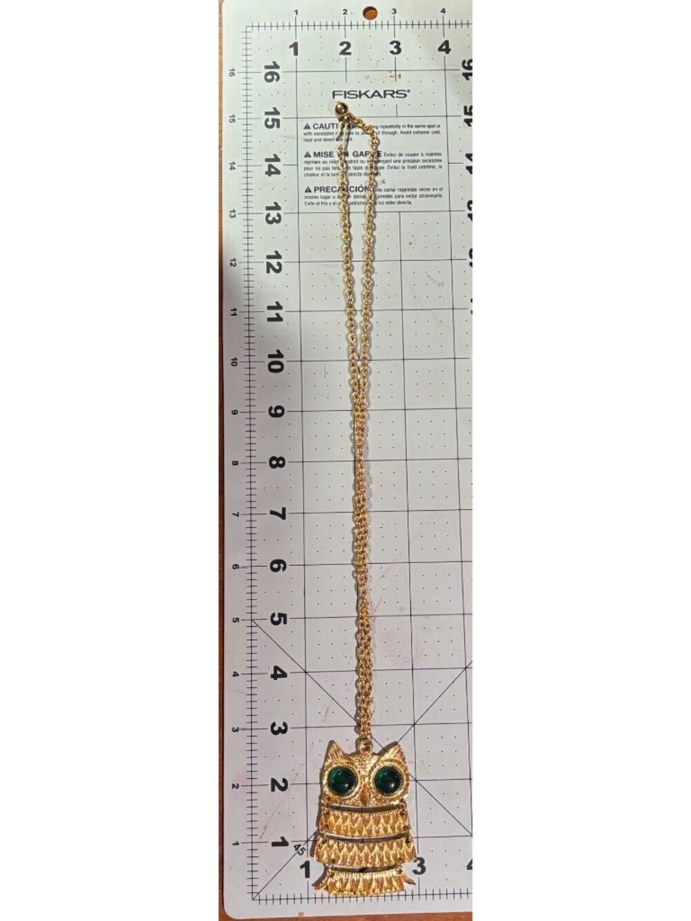 Gold Tone Green Eye Owl Pendant Necklace Long Chain Boho Hippie 1970s Statement - Picture 7 of 9